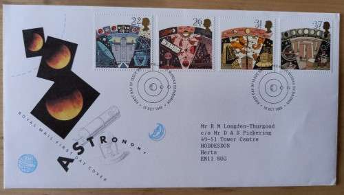 1990 Great Britain Astronomy FDC + 4 MNH blocks of 4