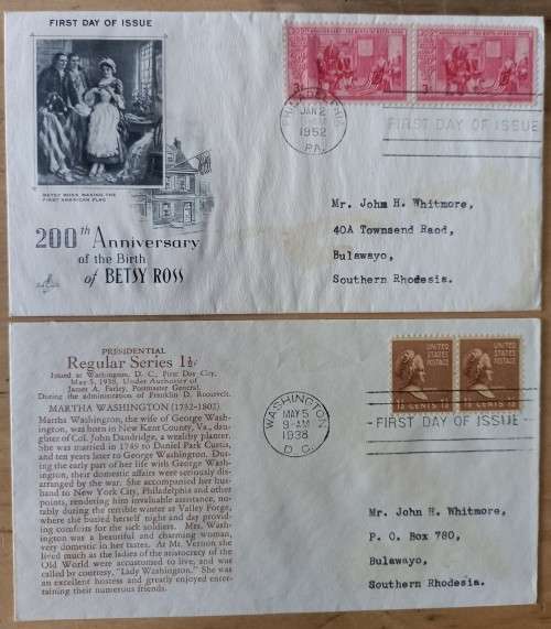 USA lot of 8 FDCs 1938, 1940, 1948 (x4), 1952 (x2) to Southern Rhodesia - one passed by censor