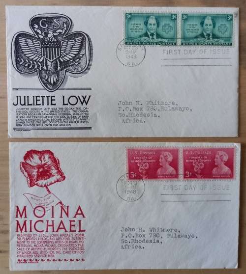 USA lot of 8 FDCs 1938, 1940, 1948 (x4), 1952 (x2) to Southern Rhodesia - one passed by censor