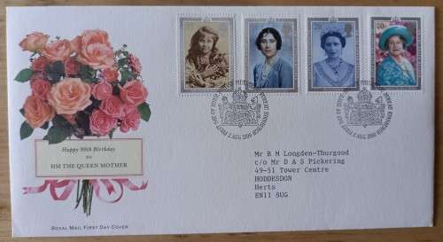 1990 Great Britain Queen Mother FDC + 4 MNH blocks of 4