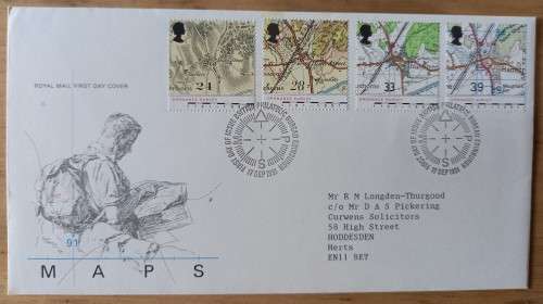 1991 Great Britain Maps FDC + 4 MNH corner blocks of 4