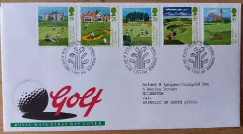1994 Great Britain Golf FDC + 5 MNH blocks of 4