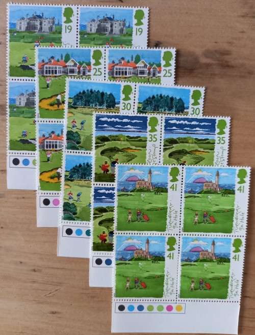 1994 Great Britain Golf FDC + 5 MNH blocks of 4