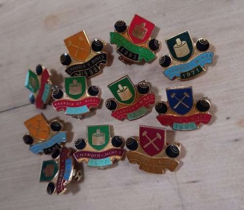 Vintage lot of 11 Chamber of Mines bowls pin badges 1971 to 1990