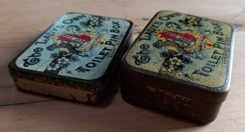 The Lady`s Own pair of pin boxes metal tins - one with contents