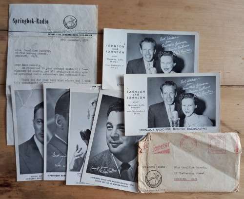 Lot of 6 Springbok Radio presenters postcards with related correspondence 1954