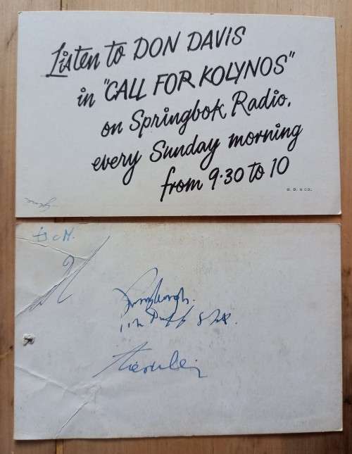 Lot of 6 Springbok Radio presenters postcards with related correspondence 1954