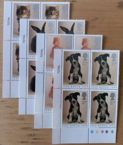 1990 Great Britain RSPCA FDC + 4 MNH blocks of 4