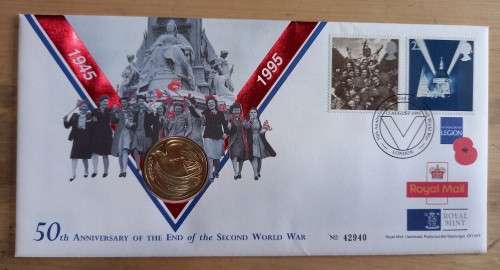 1995 Great Britain WW2 50th Anniversary FDC + £2 brilliant UNC coin