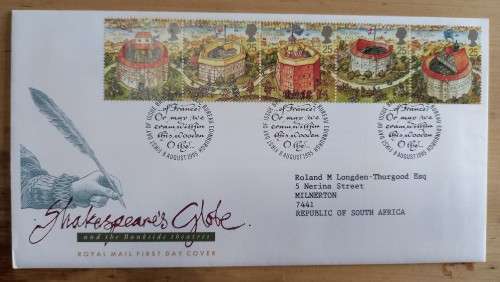 1995 Great Britain Shakespeare`s Globe Theatre FDC + 2 MNH attached blocks of 10