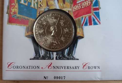 1993 Great Britain Coronation numbered FDC with £10 stamp & £5 brilliant UNC coin