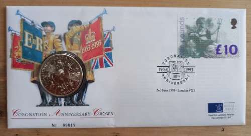 1993 Great Britain Coronation numbered FDC with £10 stamp & £5 brilliant UNC coin