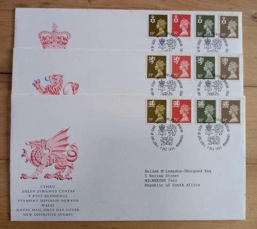 1993 Great Britain new definitive Machins: 3 FDCs Scotland, Wales, Northern Ireland