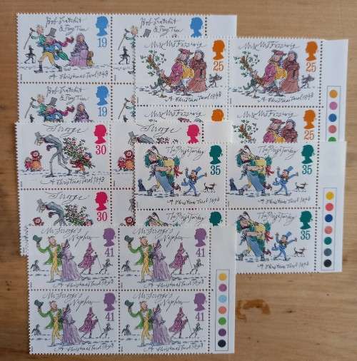 1993 Great Britain `A Christmas Carol` FDC + 5 MNH blocks of 4, illustrations by Quentin Blake
