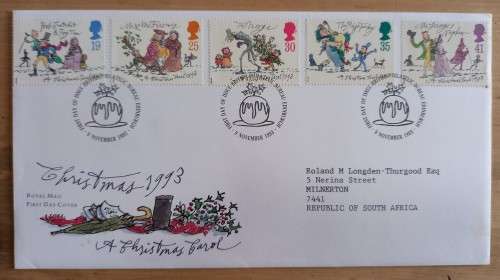 1993 Great Britain `A Christmas Carol` FDC + 5 MNH blocks of 4, illustrations by Quentin Blake