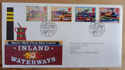 1993 Great Britain Waterways FDC + 4 MNH blocks of 4