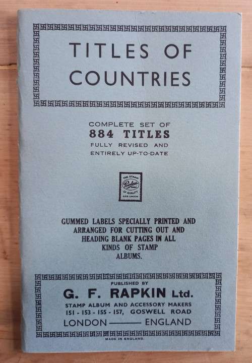 Vintage G.F. Rapkin `Titles of Countries` gummed labels for stamp albums, partially used
