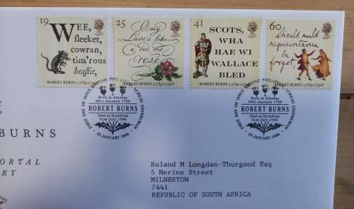 1996 Great Britain Robert Burns FDC x2 + 4 MNH block of 4
