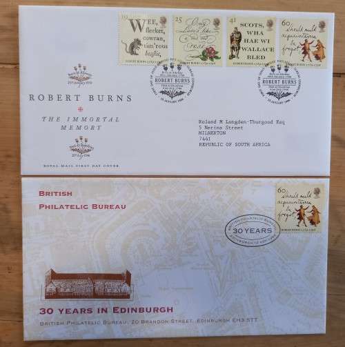 1996 Great Britain Robert Burns FDC x2 + 4 MNH block of 4