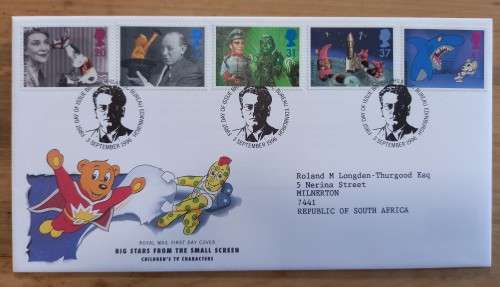 1996 Great Britain `Big Stars from the Small Screen` FDC + 5 MNH blocks of 4