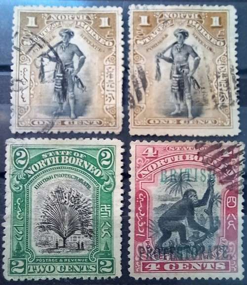 North Borneo 4 used stamps 1 (x2), 2 & 4 cents