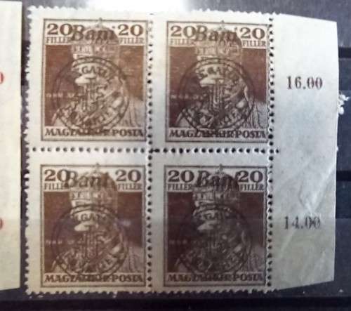 1919 Romania overprint on Hungary 1916-1919 4 blocks of 4 MH `Regatul Romaniei`