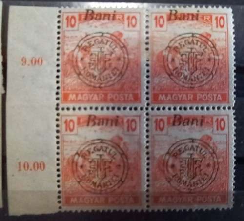 1919 Romania overprint on Hungary 1916-1919 4 blocks of 4 MH `Regatul Romaniei`