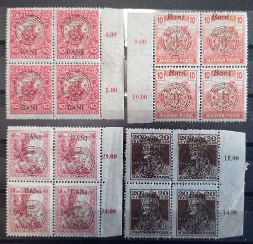 1919 Romania overprint on Hungary 1916-1919 4 blocks of 4 MH `Regatul Romaniei`