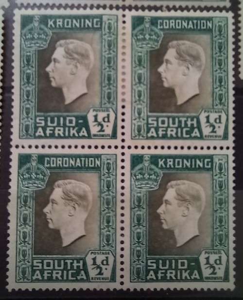 1937 SA Union 1/2D 4 blocks of 4 + pair MH colour variations