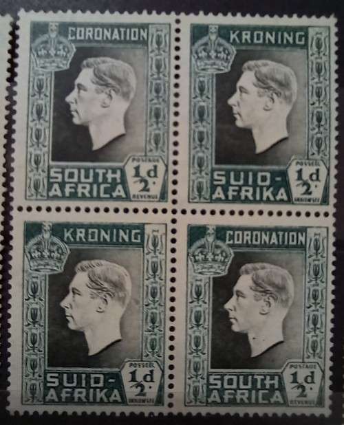 1937 SA Union 1/2D 4 blocks of 4 + pair MH colour variations