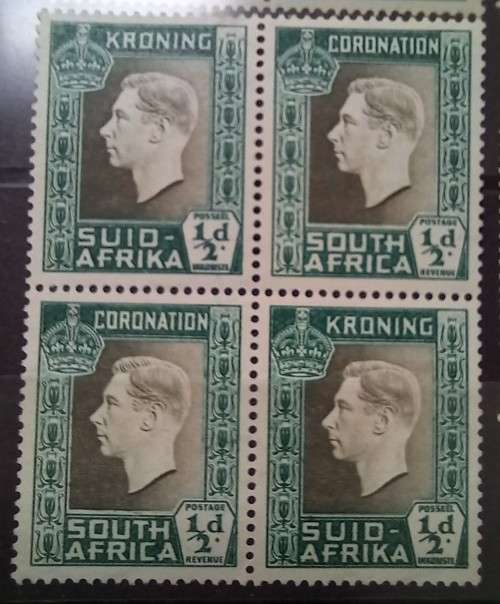1937 SA Union 1/2D 4 blocks of 4 + pair MH colour variations