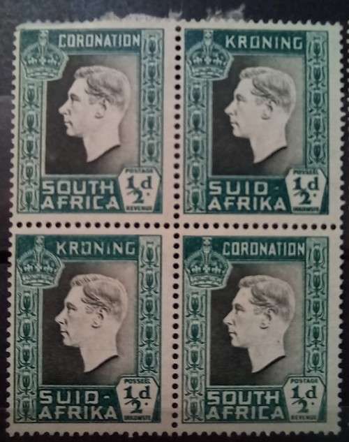 1937 SA Union 1/2D 4 blocks of 4 + pair MH colour variations