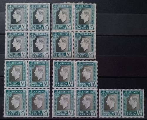 1937 SA Union 1/2D 4 blocks of 4 + pair MH colour variations