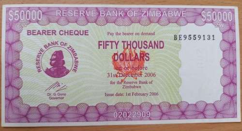 2006 Zimbabwe Emergency Bearer Cheque $50 000 & $100 000 UNC