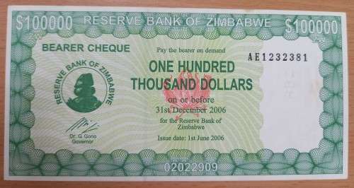 2006 Zimbabwe Emergency Bearer Cheque $50 000 & $100 000 UNC