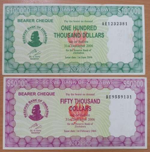 2006 Zimbabwe Emergency Bearer Cheque $50 000 & $100 000 UNC