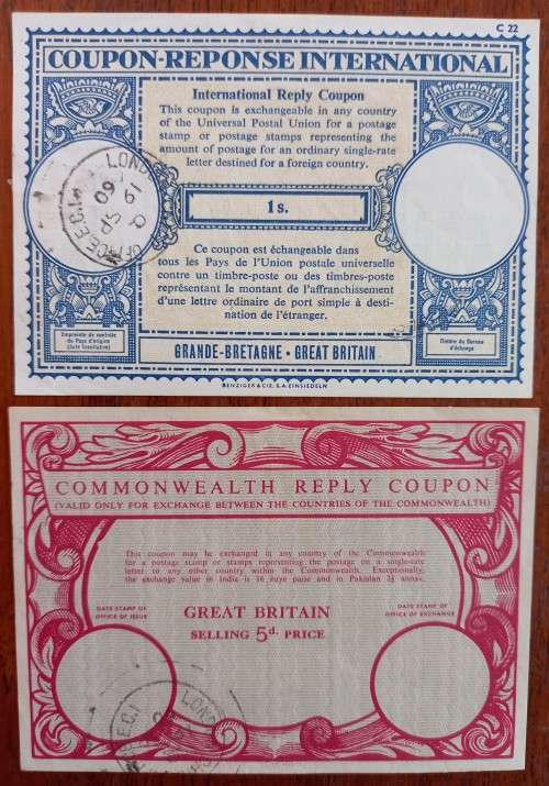 Commonwealth Reply Coupon 5d + International Reply Coupon 1 Shilling Britain