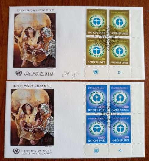 United Nations Geneva 5 June 1972 pair of FDCs - blocks of 4