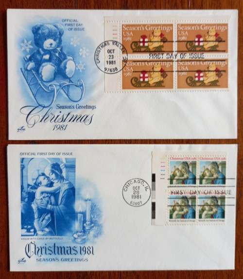 USA lot of 17 Artcraft Christmas FDCs 1965 to 1982 - most blocks of 4