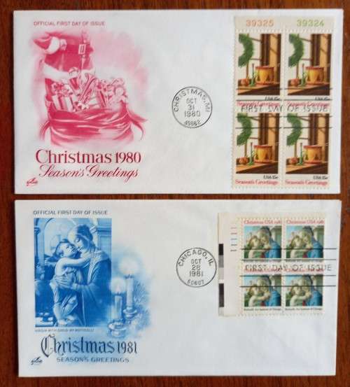 USA lot of 17 Artcraft Christmas FDCs 1965 to 1982 - most blocks of 4