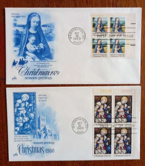 USA lot of 17 Artcraft Christmas FDCs 1965 to 1982 - most blocks of 4