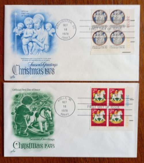 USA lot of 17 Artcraft Christmas FDCs 1965 to 1982 - most blocks of 4