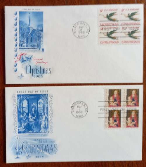 USA lot of 17 Artcraft Christmas FDCs 1965 to 1982 - most blocks of 4