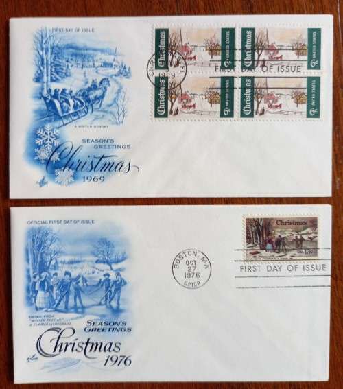 USA lot of 17 Artcraft Christmas FDCs 1965 to 1982 - most blocks of 4