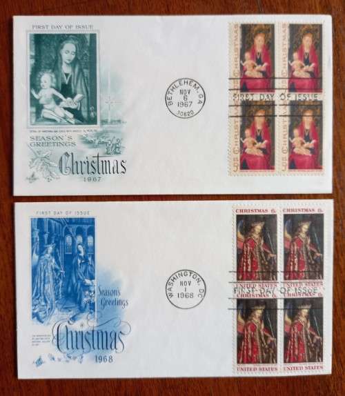 USA lot of 17 Artcraft Christmas FDCs 1965 to 1982 - most blocks of 4