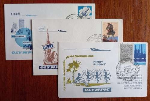 Greece 1968/1969 lot of 3 Olympic Airways flight covers - Vienna, Johannesburg, Montreal