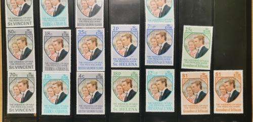 Great Britain Territories 1973 Princess Anne wedding lot of 36 MH and MNH stamps - 13 territories