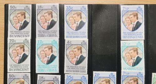 Great Britain Territories 1973 Princess Anne wedding lot of 36 MH and MNH stamps - 13 territories