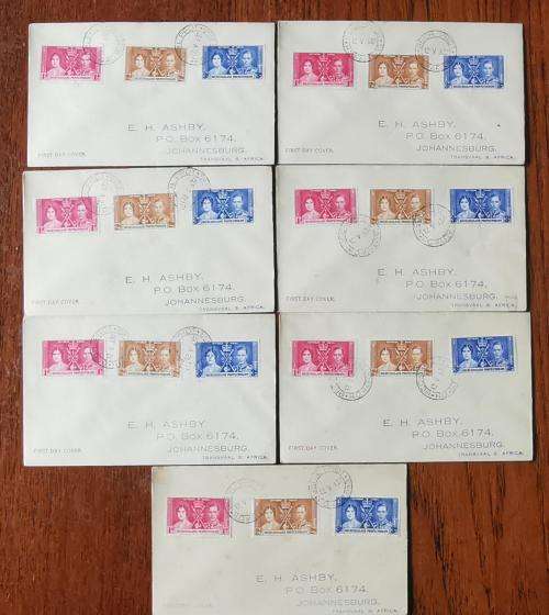 Bechuanaland 1937 lot of 7 coronation FDCs used