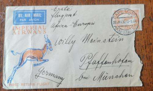 SA Union 1932 Imperial Airways airmail cover Cape Town to Munich, with 1 Shilling 1929 stamp